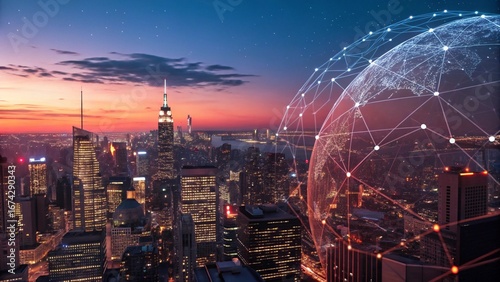 Global network connecting illuminated modern city skyline at sunset with glowing digital sphere overlay