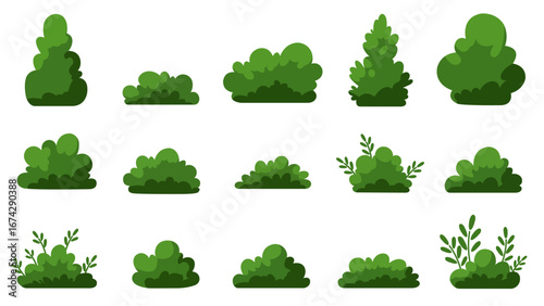 Set of various green bushes and shrubs in flat vector style. Ideal for landscape design, gardening projects, game design, and nature-themed illustrations.