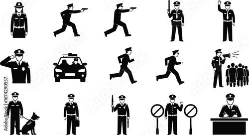 Vector Silhouette Illustration of 16 Police Officer Icons Depicting Action, Patrol, Salute, Dog Unit, and Civic Roles on White Background