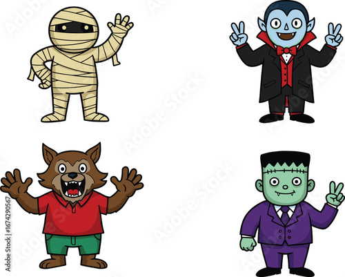 Friendly cartoon Halloween characters including mummy, vampire, werewolf, and Frankenstein, fun vector illustration for kids spooky holiday and celebration themes