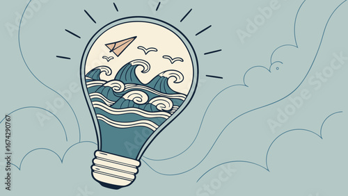 Light Bulb Filled with Ocean Waves – Vector Illustration of Creative Logical Innovation  Artwork