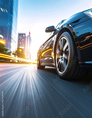 Fast black car on city street at sunset