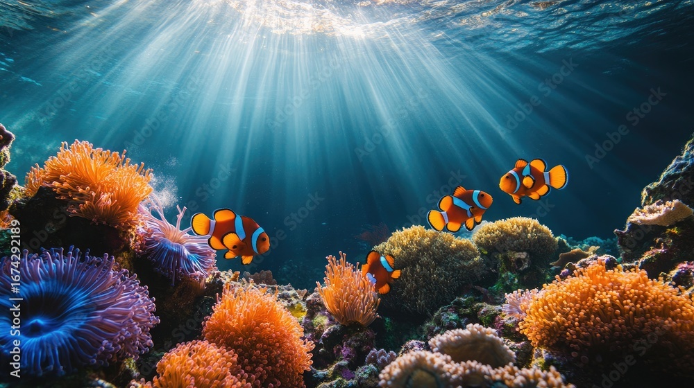 Fototapeta premium A vibrant coral reef teeming with orange clownfish and bright blue starfish