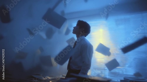 Stressed Businessman Overwhelmed by Flying Paperwork in a Chaotic Office Environment
