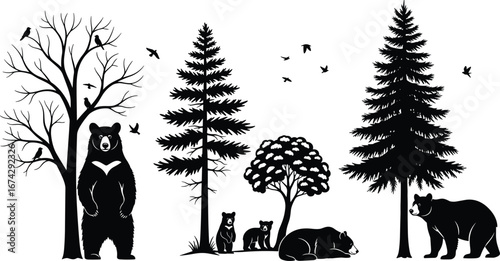 Vector Silhouette Illustration of Forest Scene with Bears, Trees, and Birds in Natural Wildlife Setting on White Background