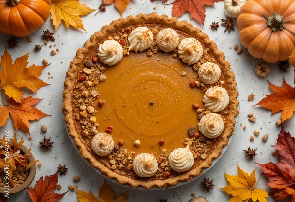 Fototapeta premium Pumpkin pie with pumpkin puree decor, surrounded by fall leaves, spices and nuts, sharp, professional look