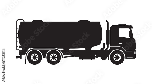 Silhouette of a gas, oil, and fuel container truck illustration on a white background. It's an isolated gasoline tanker truck. A flat vector of a commercial vehicle.


