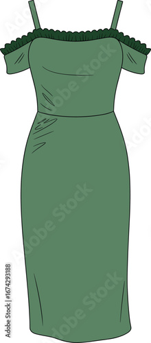 Elegant green off‑shoulder fitted dress vector illustration with ruffled neckline, thin straps, pencil skirt silhouette, perfect for fashion design and retail