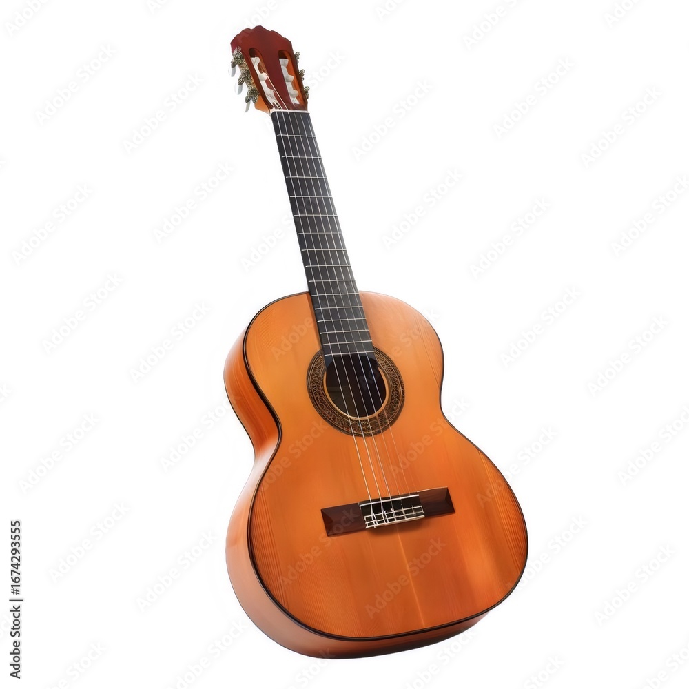 Obraz premium 木製のクラシックギターのスタジオショット 楽器の茶色い木目模様と装飾デザイン