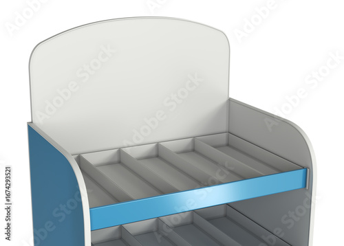 Top rounded part of cardboard retail display rack mockup with shelves and dividers. 3d illustration isolated on white