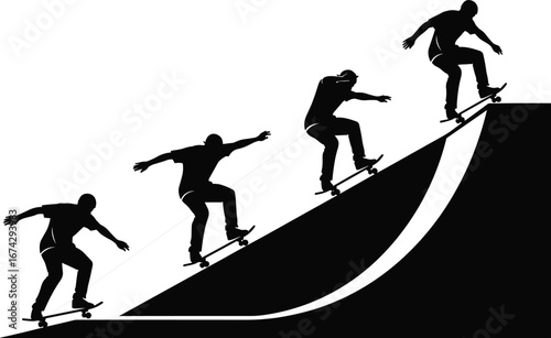 Vector Silhouette Illustration of Skateboarder Performing Ramp Trick in Four Sequential Poses Showing Motion and Balance on White Background