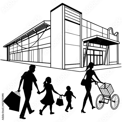 A vector silhouette illustration of people infront of a shopping mall or store. People include a family walking and holding hands, a family riding bikes, couples holding hands, and women carrying shop