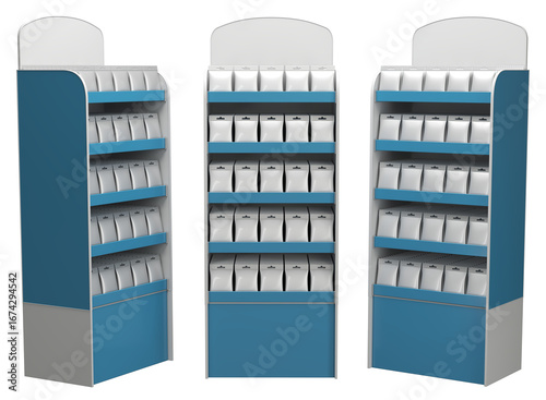 Retail cardboard display rack mockup with rounded topper and blank pouches. Set of 3d illustrations transparent background