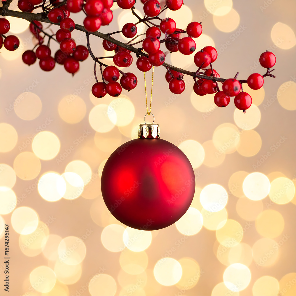 Fototapeta premium Christmas bauble hanging on branch with berries