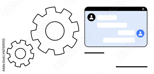 Gear wheels, chat window, and user profiles portraying collaboration, technology, and communication. Ideal for tech development, customer support, teamwork, messaging apps innovation automation