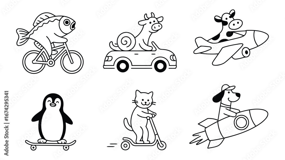 Obraz premium Cute animals on vehicles: whimsical black and white line art illustrations; perfect for children's books, cards, and playful branding.
