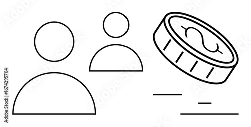 Two abstract human figures next to a moving coin with dollar sign. Ideal for finance, teamwork, collaboration, commerce, decision-making, economics, and a simple landing page
