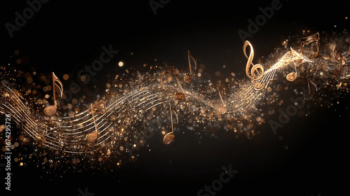 Golden musical notes flowing on a dark, sparkling background