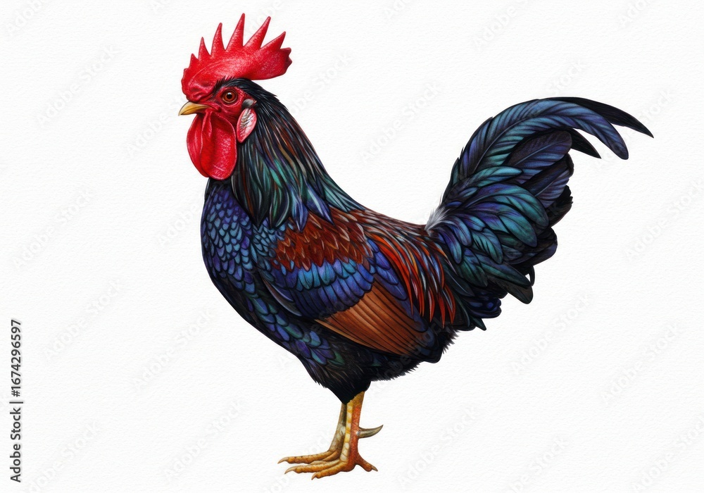 Fototapeta premium Colorful Rooster with Vibrant Plumage Standing on White Background