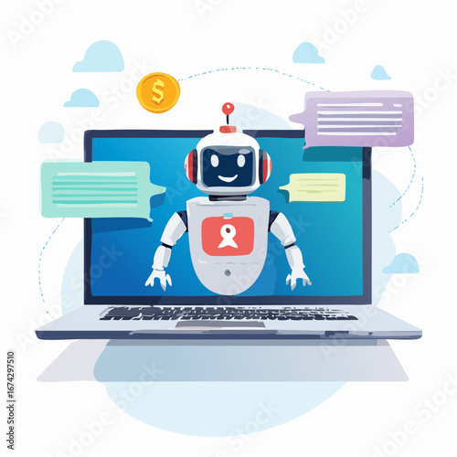 Friendly Robot Chatbot On Laptop Screen Illustration