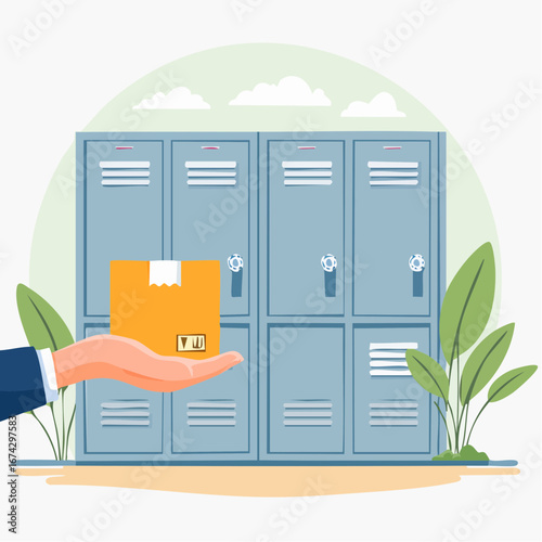 Hand Holding Package Beside Lockers