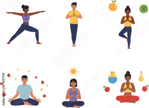 Yoga and meditation lifestyle vector illustration, wellness routine, mindfulness, healthy food, inner peace, daily practice, cartoon people exercising