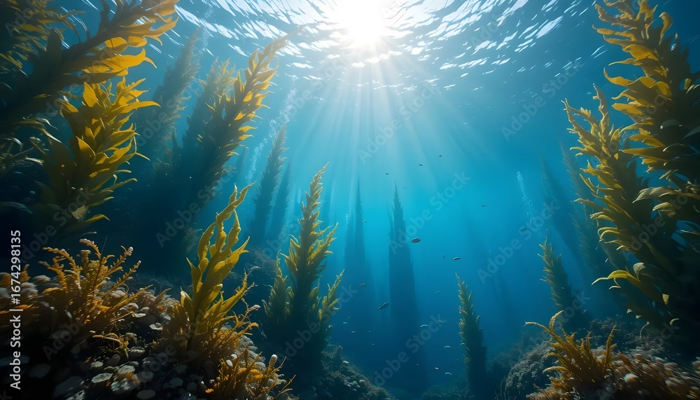 Fototapeta premium Underwater Limestone Crevice Illuminated by Submersible Lights – Sunlight Beams in Dark Cave