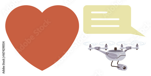 Red heart, surveillance drone, and chat bubble. Ideal for technology, emotion, surveillance, innovation, communication safety and digital interaction. A simple flat metaphor