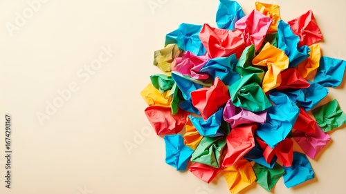 Crumpled papers of many colors forming a round ball with copy space.