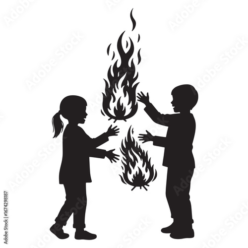 Silhouette of Kids Playing with Fire A Cautionary Graphic for Safety Awareness and Hazard Prevention in Childlike Curiosity