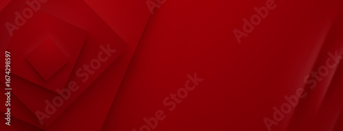 Red abstract background with layered squares and subtle shadows, creating depth.