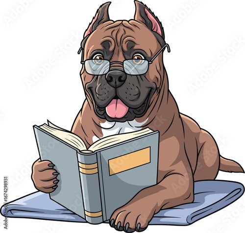 Smart Bulldog Reading Book with Glasses Cartoon Vector Clipart