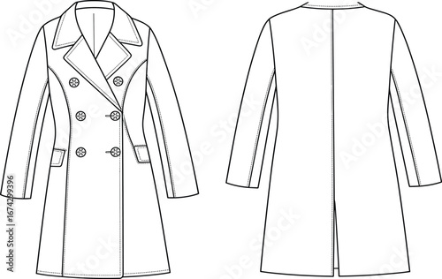 Women long sleeve trench coat flat sketch, fashion technical drawing, double breasted overcoat design template, stylish outerwear vector illustration