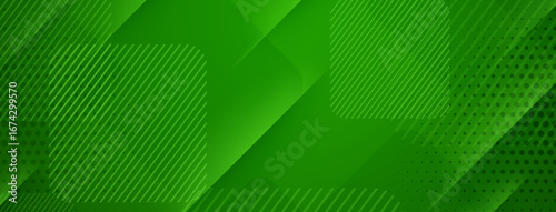 Green abstract background with layered diagonal stripes and dots, creating dynamic visual effect.