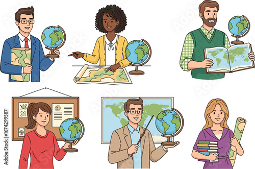 Teachers and students using world map, classroom globe illustration, geography education concept, flat vector drawing, global learning, academic teaching, educational artwork
