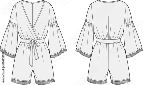 Women romper flat sketch with wrap front, flared sleeve, tassel trim, fashion technical drawing template, stylish garment vector illustration