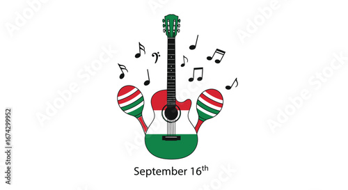 Illustration of a guitar and maracas decorated with the colors of the Mexican flag, surrounded by musical notes, commemorating September 16th.