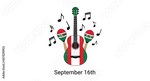 Illustration of a guitar with Mexican flag colors, surrounded by maracas and musical notes, celebrating September 16th.