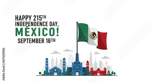 Illustration celebrating Mexico's 215th Independence Day with the Mexican flag waving above a cityscape silhouette.