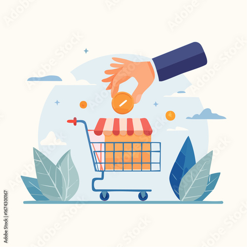 Hand Placing Coin In Shopping Cart With Store Icon