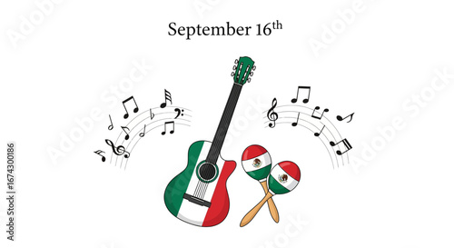 Illustration of a guitar with Mexican flag colors, maracas, and musical notes celebrating September 16th.