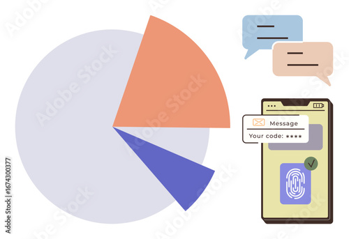 Pie chart showcasing data distribution, smartphone with biometric authentication and passcode, and conversation bubbles. Ideal for analytics, communication, security, identity, verification, tech