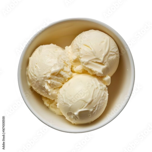 白いボウルに入ったバニラアイスクリームの三つのスクープ 俯瞰図