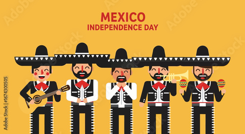 Five cartoon men in mariachi attire celebrate Mexico's Independence Day with instruments against a yellow background.