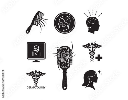 Set of black glyph icons representing hair loss on a white background.
