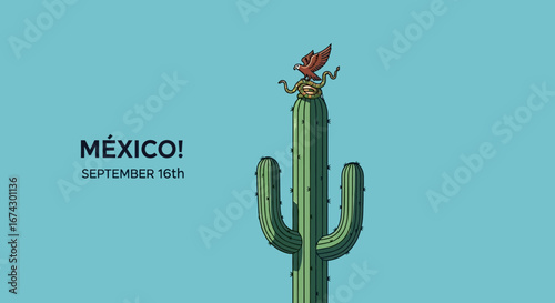 An illustration depicting the Mexican Coat of Arms, an eagle devouring a snake, perched atop a tall cactus against a light blue background. "Mexico!" is written to the left.