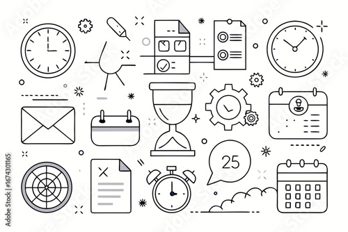 Essential time management and planning icons representing deadlines, schedules, and goals for business and personal organization, showcasing productivity and efficiency