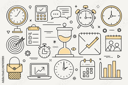 Modern business icons showcasing time management, planning, deadlines, and financial growth, perfect for presentations, websites, and marketing materials