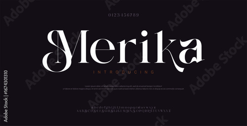 Merika Luxury font alphabet and sm logo. Typography beautiful fashion elegant classic letters serif italic fonts decorative wedding vintage blossom logos. vector illustration
