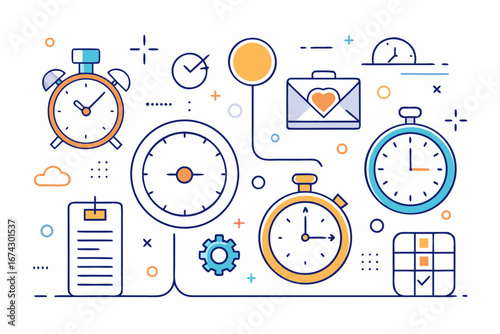 Master your schedule with this dynamic collection of modern clocks, timers, calendars, and task lists, symbolizing productivity and efficient time management for business success.